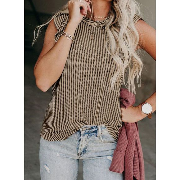 Azura Exchange  Khaki Striped Crew Neck Ruffled Tank Top - Picture 8 of 15